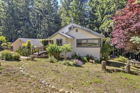Enjoy this light-filled 3 bedroom, 3 bath home on 5 acres with views of the redwoods out every window. Vaulted ceilings and skylights add spaciousness and beauty. Main floor primary bedroom en suite with updated bath with marble counters. The downsta...