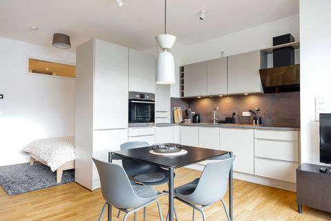This beautiful studio apartment is located in the heart of Berlin, in a well-designed and newly built building. The apartment is fully furnished and equipped with everything you need, including bed linens, towels, and kitchen appliances. It is divide...