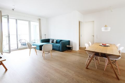 Charming two-bedroom apartment in central Mitte with great views of the Berlin Wall Memorial Park from one of the terraces. The spacious living area is shared with the open-plan kitchen. The contemporary kitchen has clean lines, white cabinets and is...