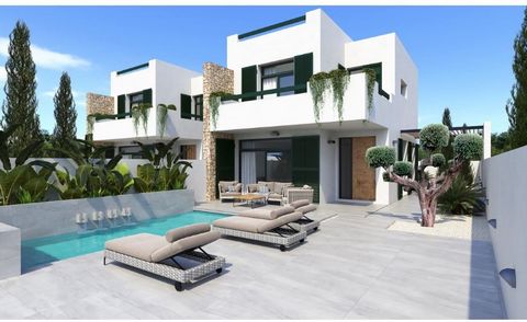 Grupo Immosol presents these high-end villas with private pools. The homes have an area of 140m2 and have a very bright living room with open kitchen, three bedrooms, three bathrooms plus a guest bathroom. They have a ground floor terrace with a gard...