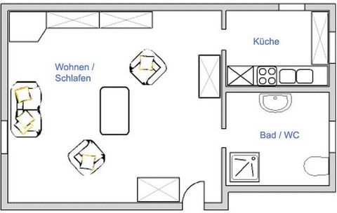 Onder het dak van ons vakantiehuis bevindt zich een appartement van 32 m². In de grote woonkamer met boxspringbed kunnen twee gasten overnachten. De kleine keuken en de doucheruimte met toilet maken dit vakantieappartement compleet. Het is ook geschi...