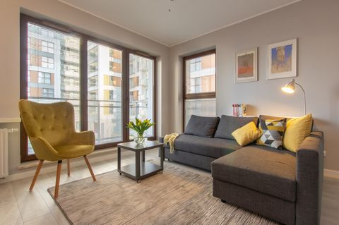 Spacious 75 square meter apartment in the modern building from 2018. We provide a parking place in the underground garage! There is a living room with a fully equipped kitchen, dining room, 40