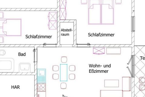 Unsere Terrassenwohnung hat eine Gesamtgröße von 70 qm und für bis zu 4 Personen eingerichtet. Sie bietet zwei Schlafzimmer mit je einem Doppelbett (180x200 und 140x200). Im großen Wohn-Essraum steht eine Leder- Eckgarnitur (Sat-TV, CD-MC, MP3, DVD)....