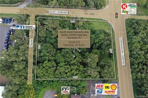 These 4 lots totaling 272' frontage create a hard corner on the NW side of the signalized intersection of FL-46/Sorrento Ave (14,500 AADT) and CR 437 (13,200 AADT). These 1.37 acres of R-6 land are approved for any commercial land use allowable in th...