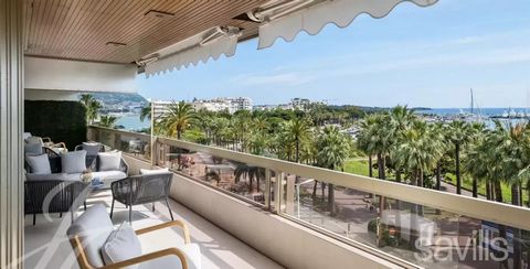 Magnificent apartment of about 60m2 located on the high floor of a residence of good standing located on the Croisette, facing the sea. It consists of a living room with open kitchen, two bedrooms en suite. Beautiful terrace of about 20m2. A cellar i...